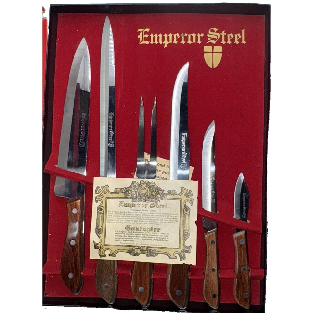 Vintage Emperor Steel 6 Piece Cutlery Knife Set Japan Wood Handles Original Box